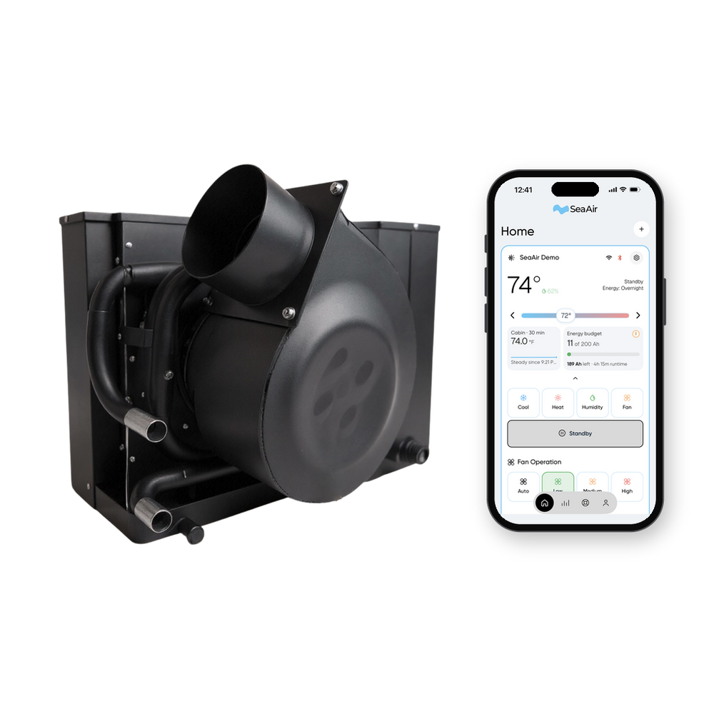 SeaAir DC marine air conditioner with the SeaAir mobile app home screen