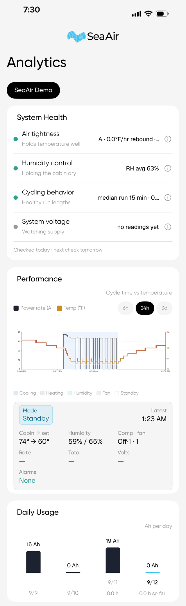 SeaAir app analytics: System Health checks, performance chart of a real cooling run, daily energy usage