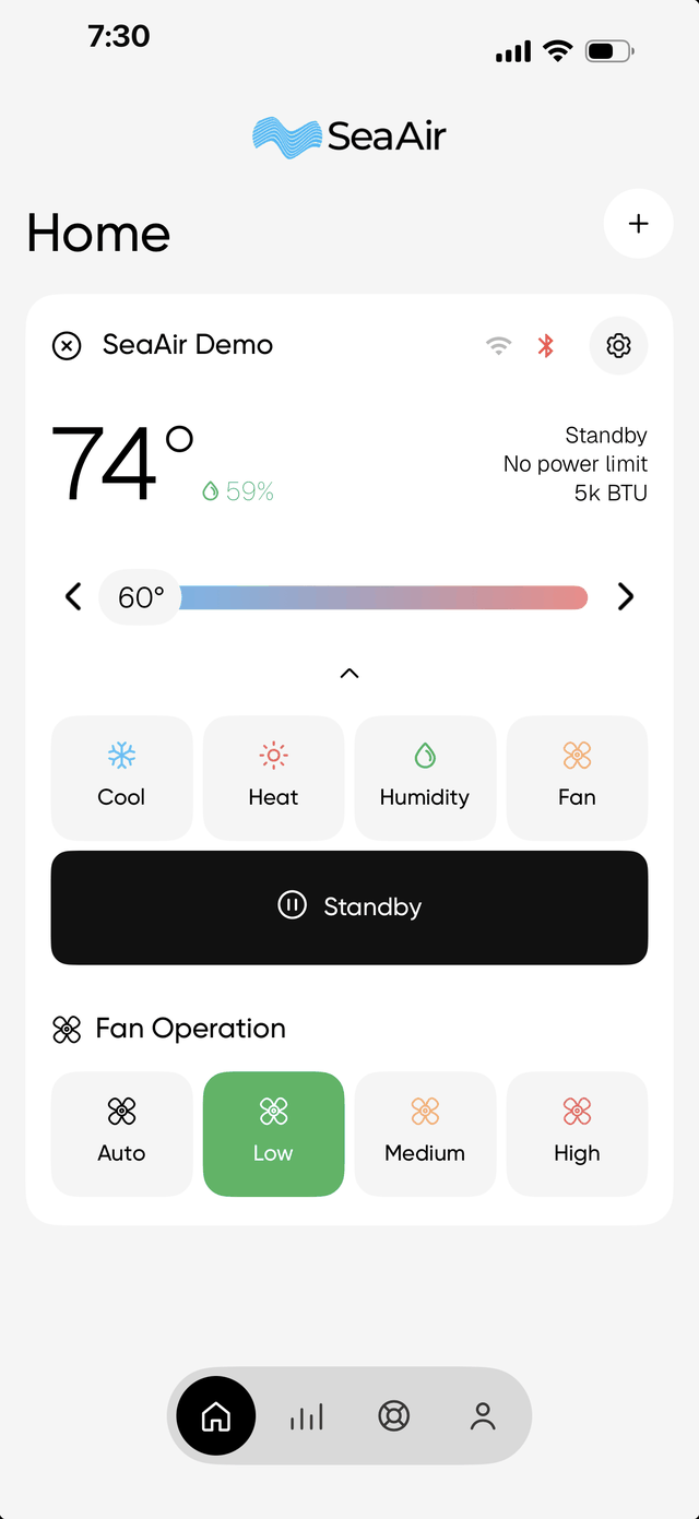 SeaAir app home screen with multi-device control
