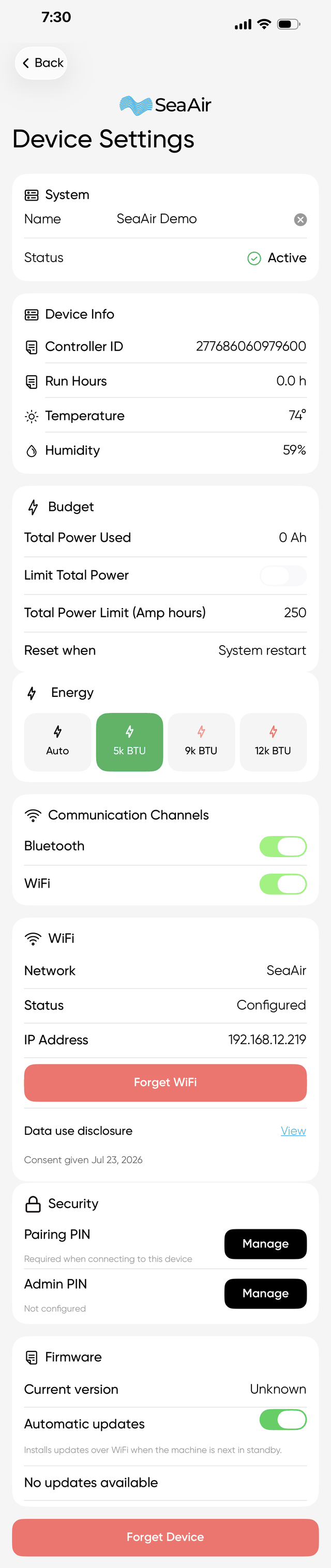 SeaAir app device settings: power budget, energy levels, WiFi, security PINs and firmware updates